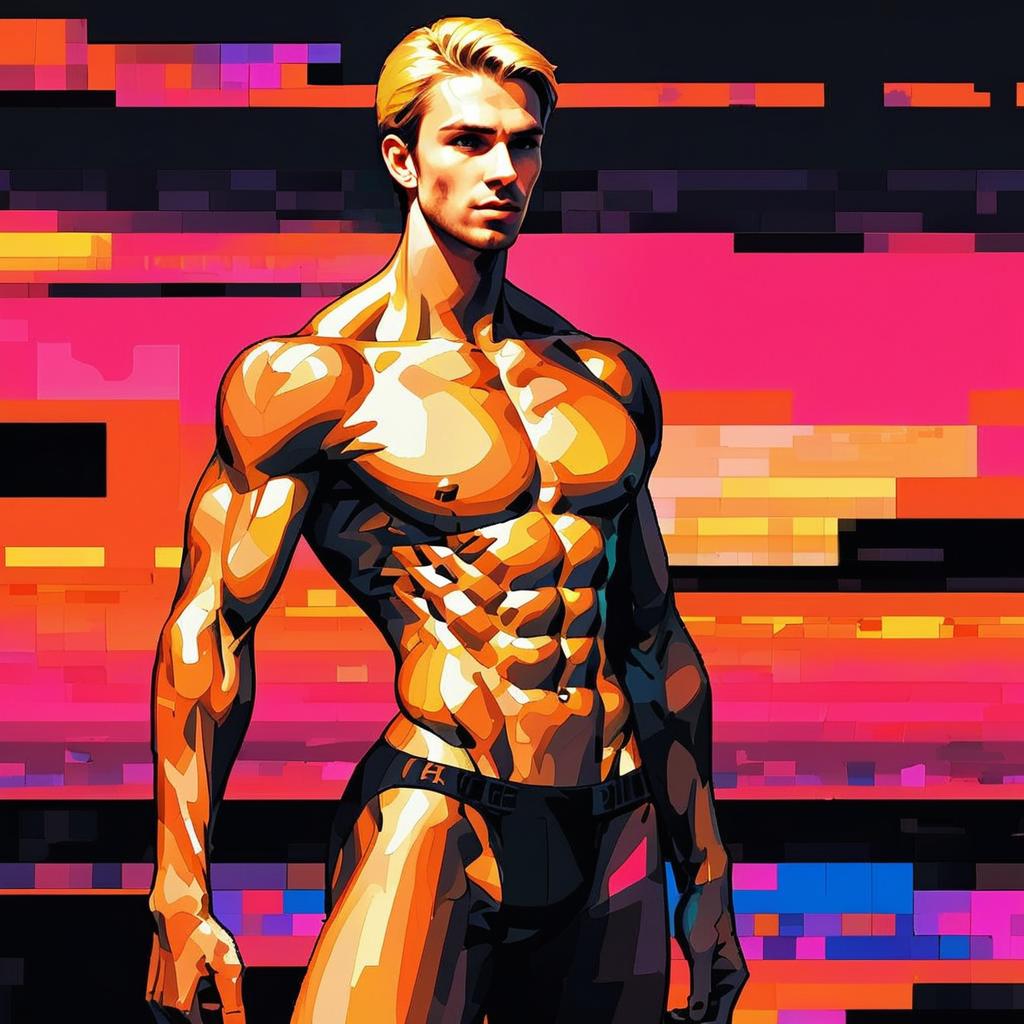 Stylized muscular man against vibrant geometric background Stylized muscular man against vibrant geometric background