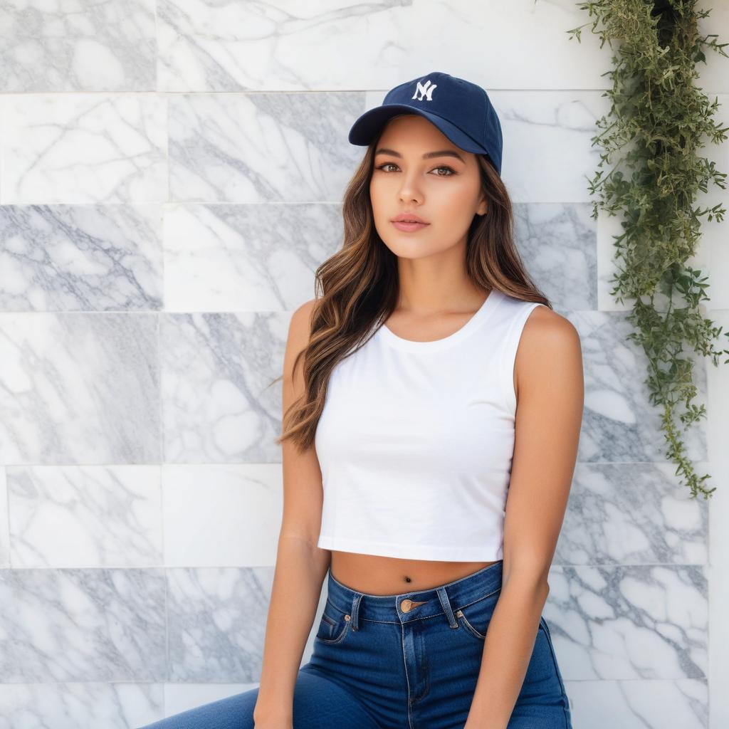 Young Woman in Casual Outfit with Baseball Cap Against Marble Wall