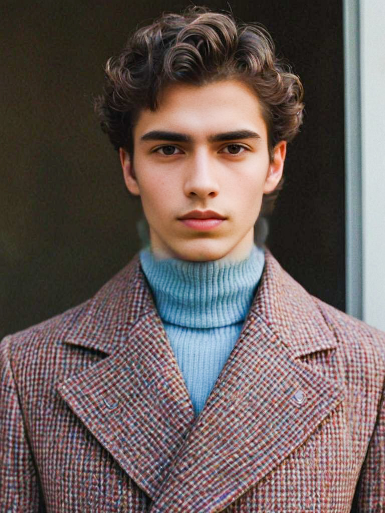 Stylish Young Man in Brown Coat and Blue Turtleneck