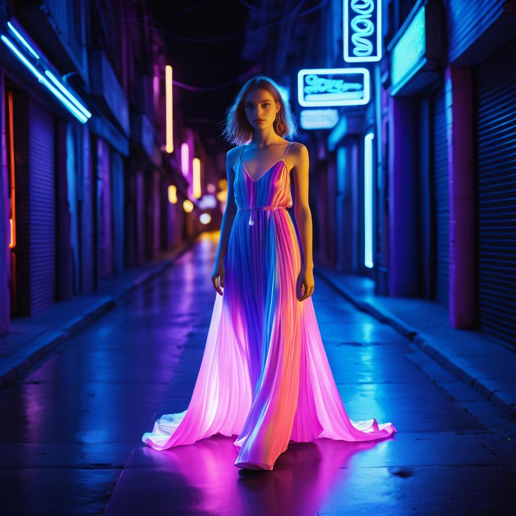 Elegant Woman in Neon Alleyway