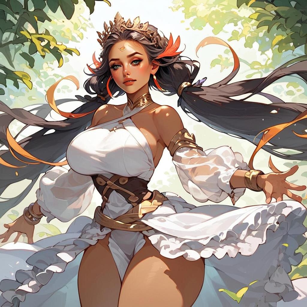 Fantasy Anime Woman with Golden Crown in White Dress Digital Art