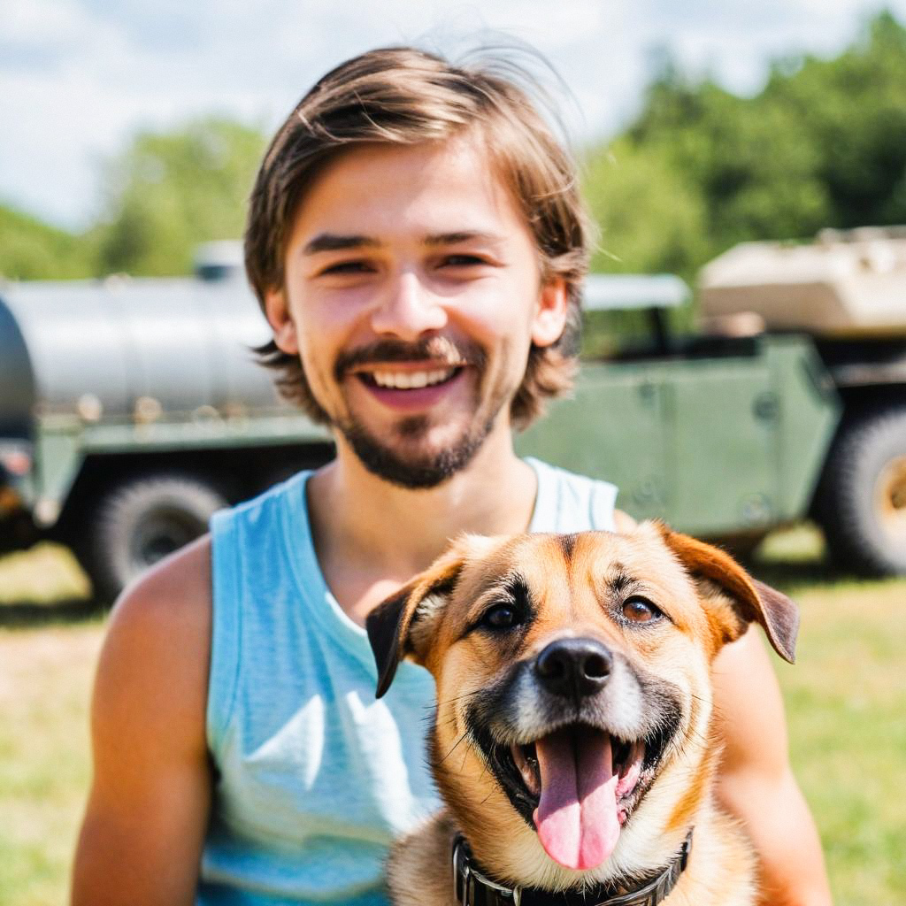 Smiling man with happy dog outdoors