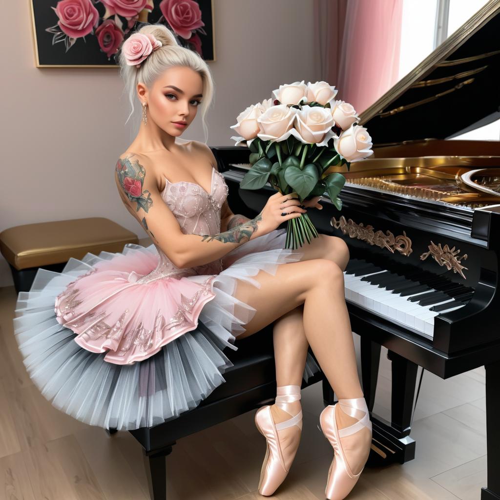 Ballet Dancer at Grand Piano with Flowers