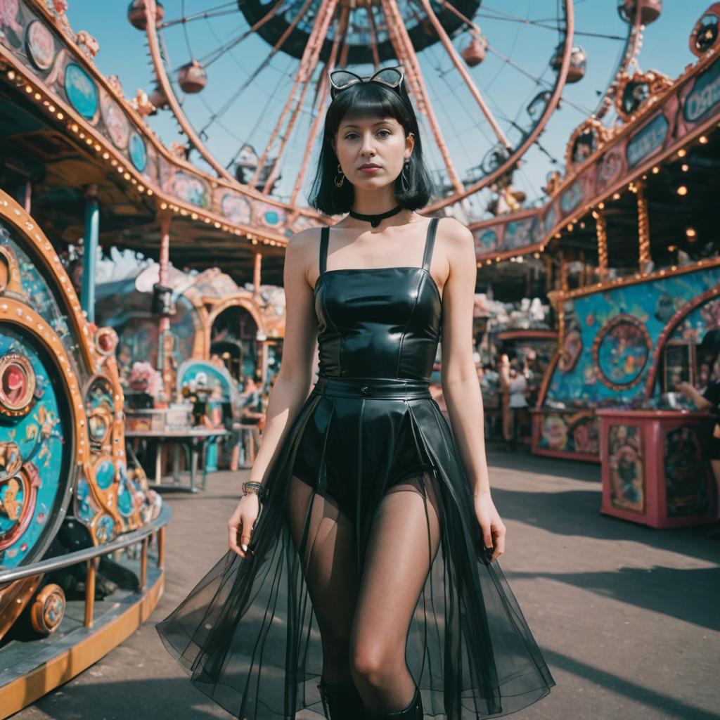 Stylish Woman in Modern Black Outfit at Carnival