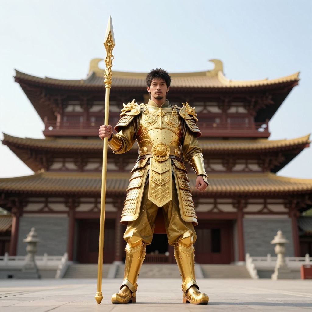 Man in Golden Traditional Armor Holding Spear in Front of East Asian Temple