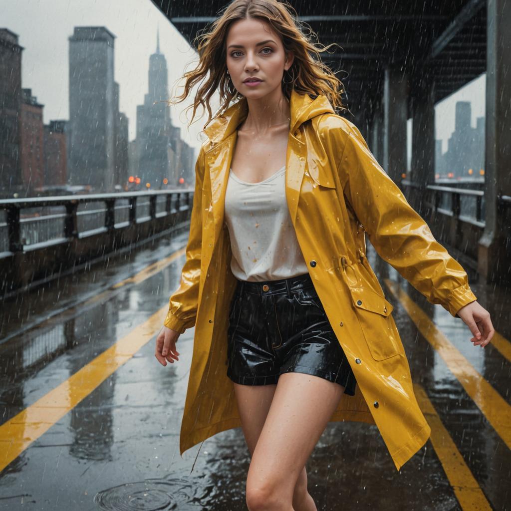 Young Woman Dancing in the Rain in Yellow Raincoat