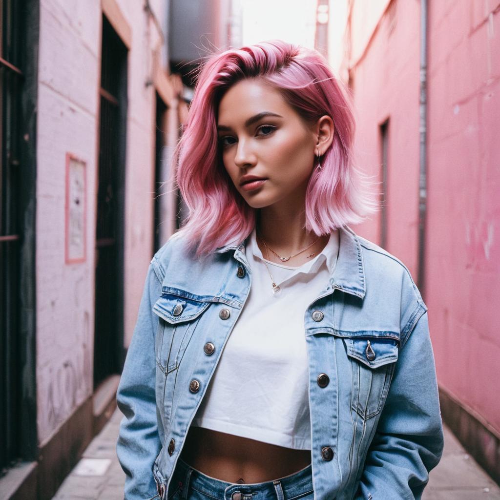 Stylish Young Woman with Pink Hair in Urban Alley Wearing Denim Jacket