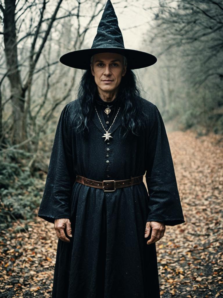 Modern Male Witch Costume in Forest Setting