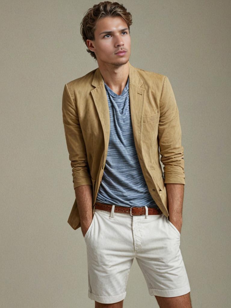 Stylish man in tan jacket and white shorts