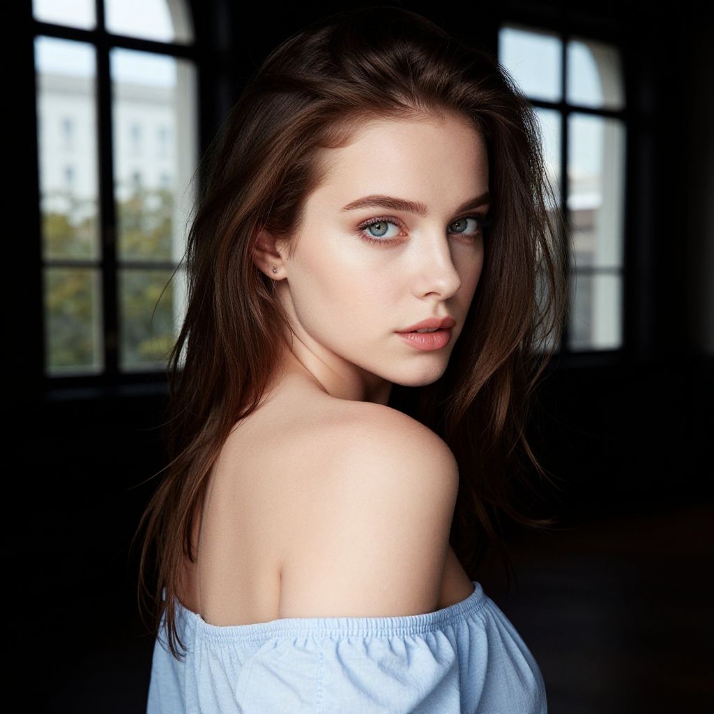 Portrait of Young Woman with Blue Eyes and Off-Shoulder Top in Soft Natural Light