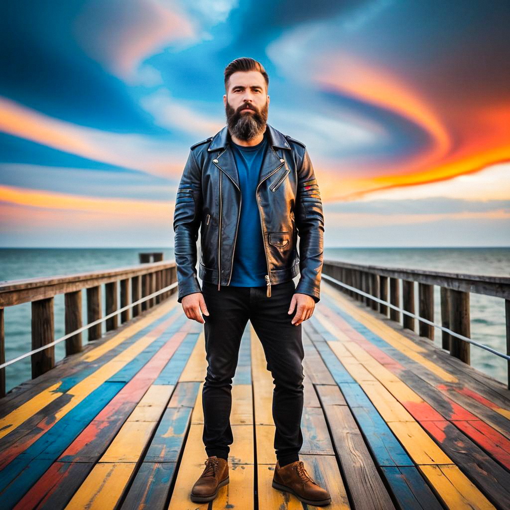 Bearded Man on Colorful Pier at Sunset Bearded Man on Colorful Pier at Sunset