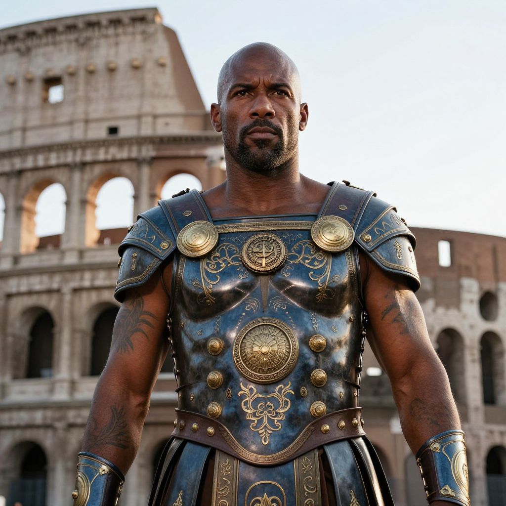 Roman Gladiator Man in Armor Standing at Colosseum