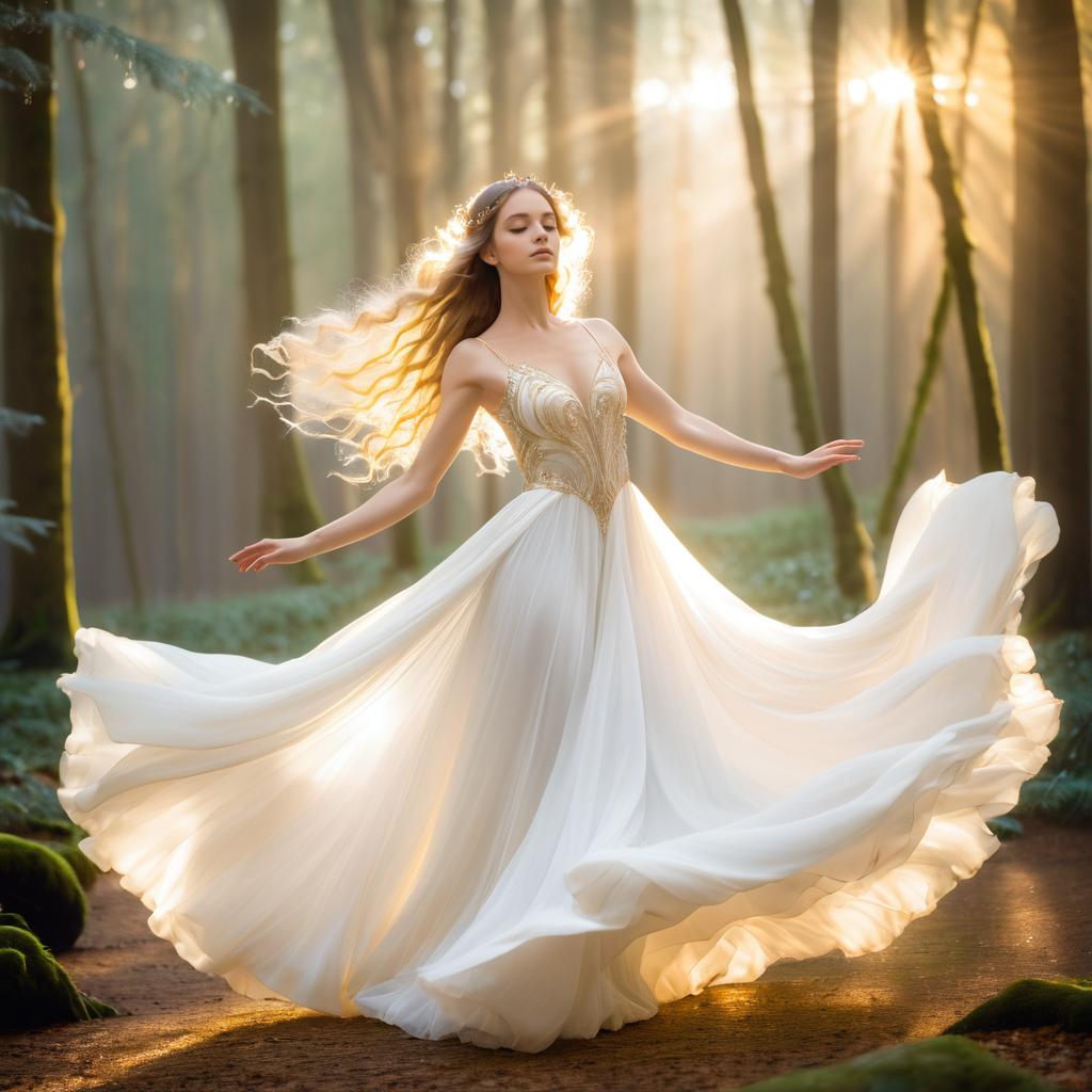 Woman Twirling in White Dress in Misty Forest