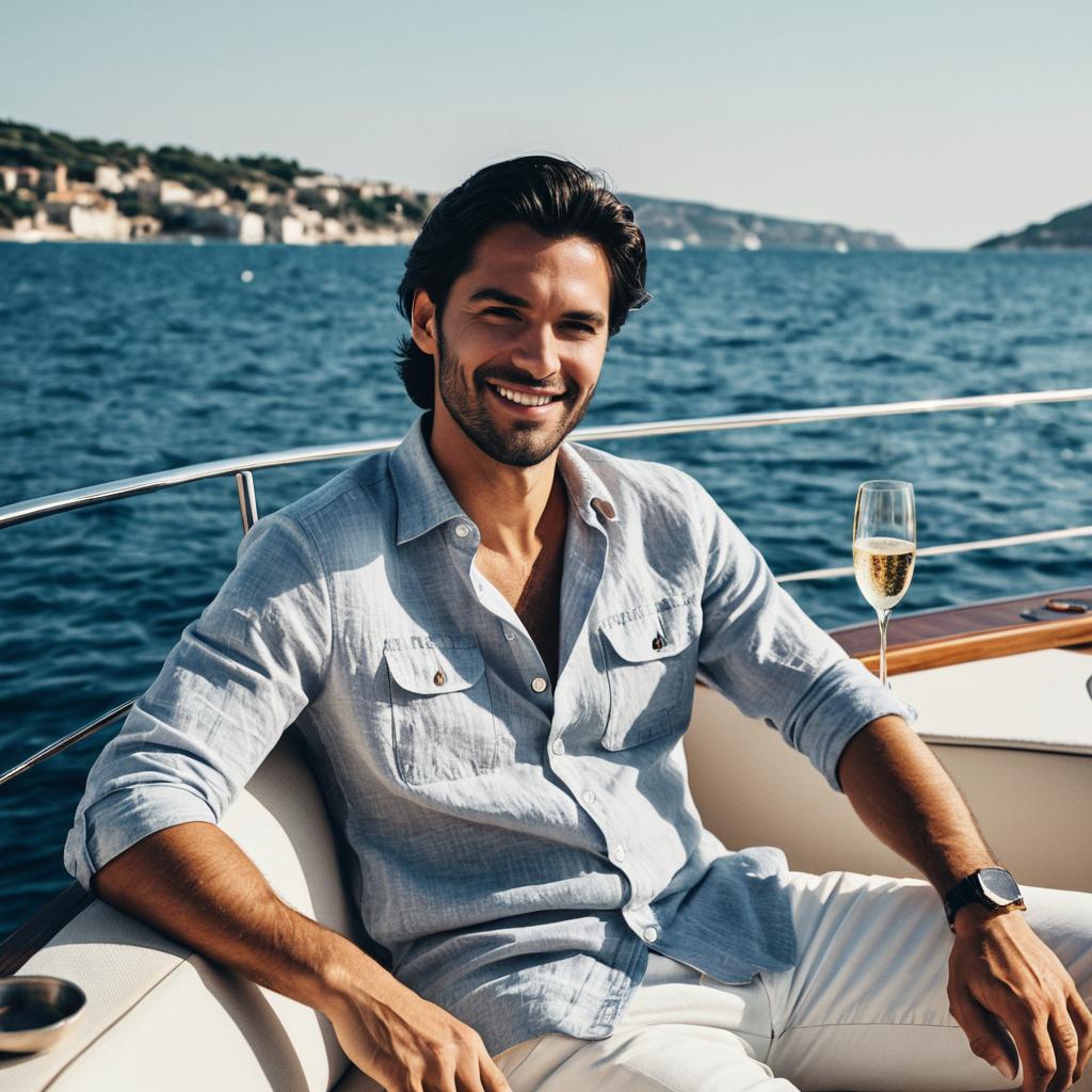 Stylish Man Relaxing on Yacht by the Sea with Champagne