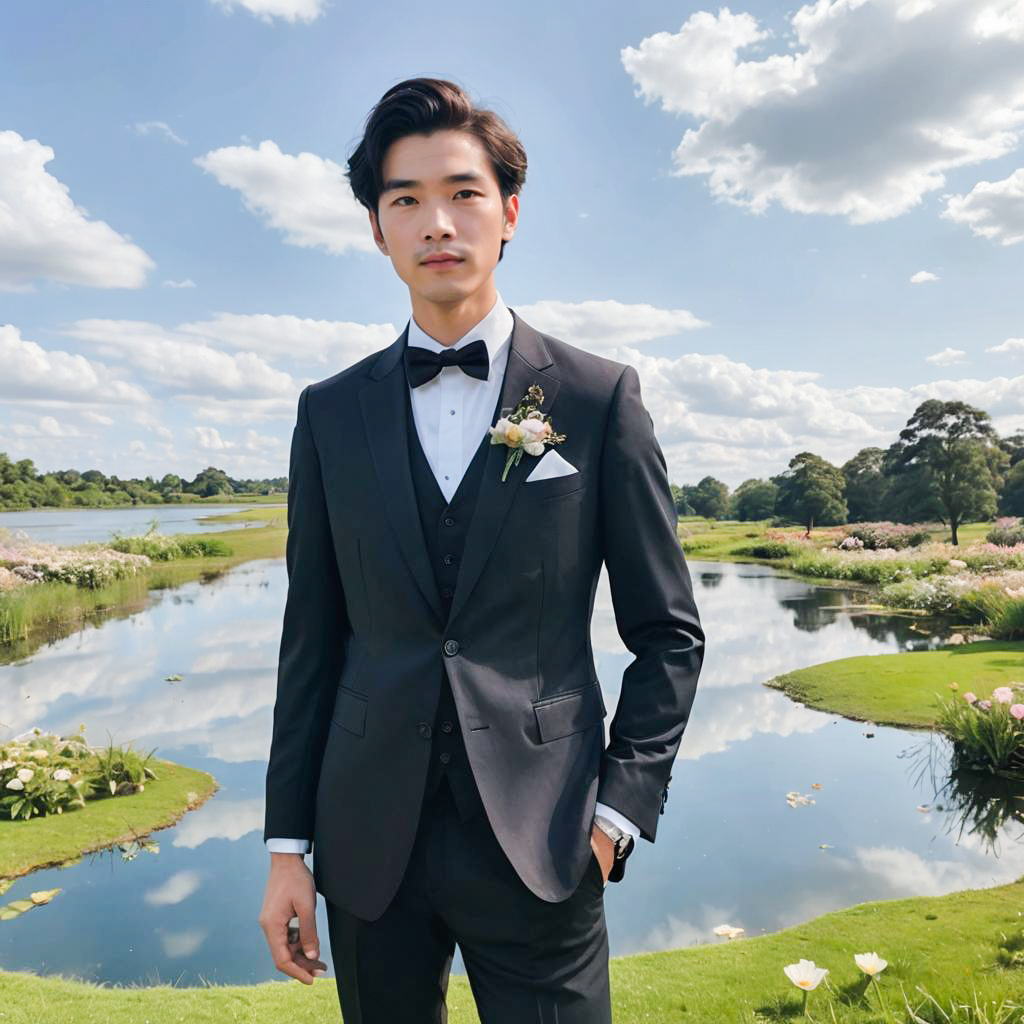 Young Man in Tuxedo by Reflective Pond