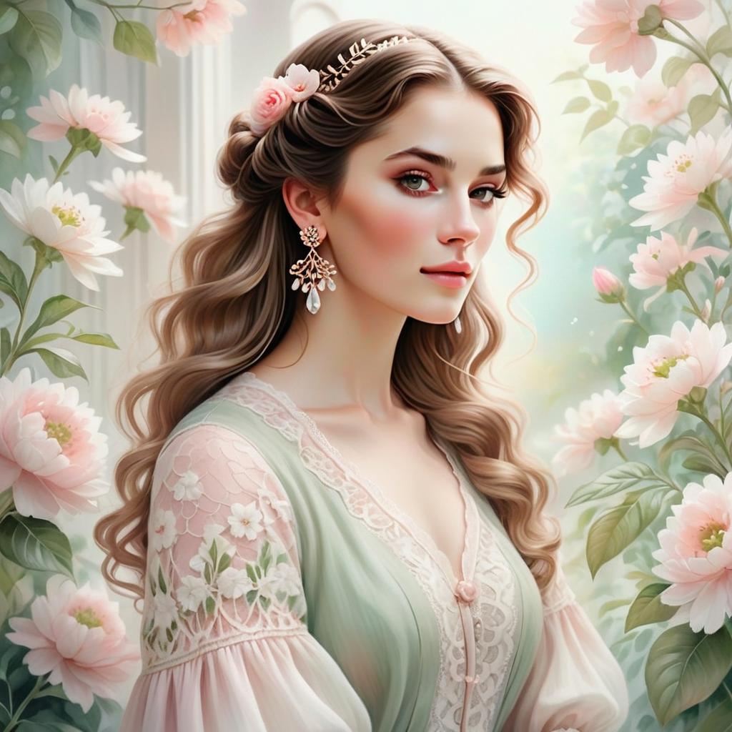 Young Woman in Vintage Dress with Flowers
