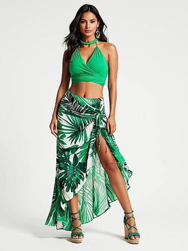 Woman Wearing Bright Green Halterneck Crop Top and Tropical Print Wrap Skirt