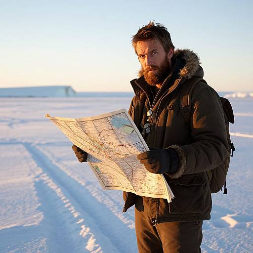 Man Exploring Arctic Wilderness with Map in Winter Gear
