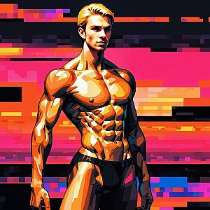 Stylized muscular man against vibrant geometric background