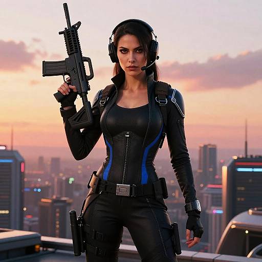 Woman in Tactical Suit Holding Assault Rifle on Futuristic City Rooftop at Sunset