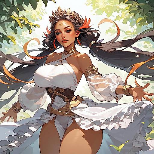 Fantasy Anime Woman with Golden Crown in White Dress Digital Art