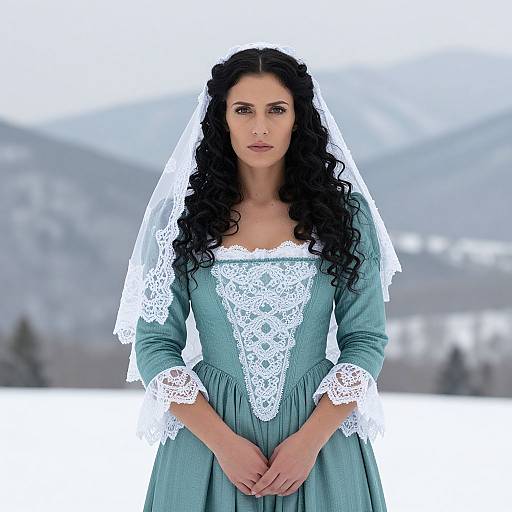 Woman in Vintage Blue Lace Dress with Veil in Snowy Landscape