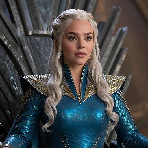 Fantasy Woman in Ornate Blue and Gold Armor Sitting on Throne