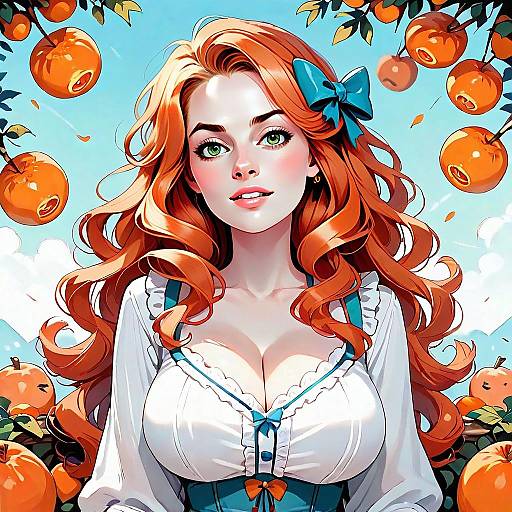Red-Haired Woman in Traditional Dress Amid Orange Fruit Trees Digital Illustration
