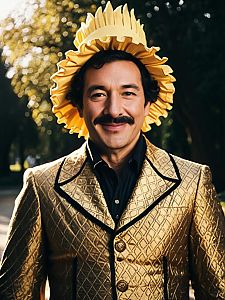 Man in Golden Jacket and Sun-shaped Funny Character Costume Hat Outdoor Portrait