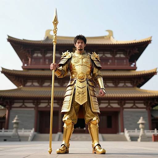Man in Golden Traditional Armor Holding Spear in Front of East Asian Temple