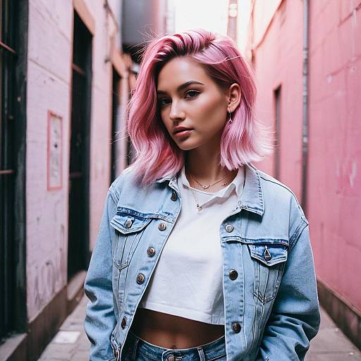 Stylish Young Woman with Pink Hair in Urban Alley Wearing Denim Jacket