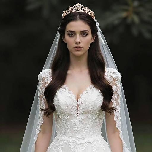 Elegant Bride Wearing Lace Wedding Dress with Veil and Golden Tiara