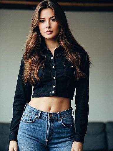 Woman in High Waist Jeans and Cropped Denim Shirt
