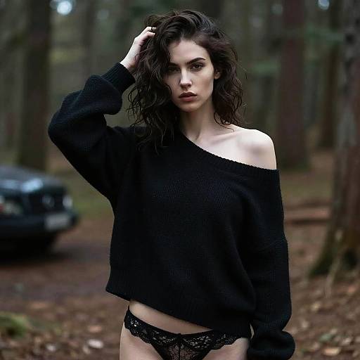 Moody Portrait of Woman in Black Sweater and Lace Underwear in Forest