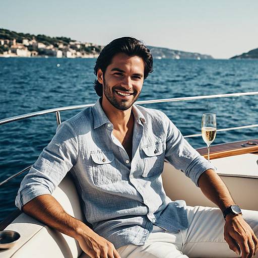 Stylish Man Relaxing on Yacht by the Sea with Champagne