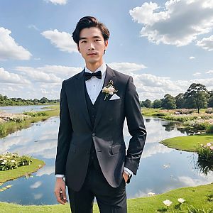 Young Man in Tuxedo by Reflective Pond