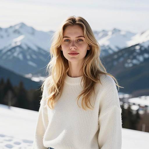 Young Blonde Woman in White Sweater in Snowy Mountain Landscape