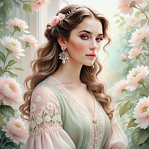 Young Woman in Vintage Dress with Flowers