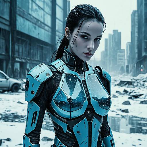 Futuristic Woman in Robotic Armor in Post-Apocalyptic Snowy Cityscape