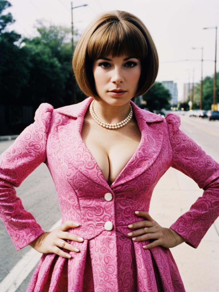 Woman in Austin Powers Pink Dress Costume Photorealistic Editorial Portrait