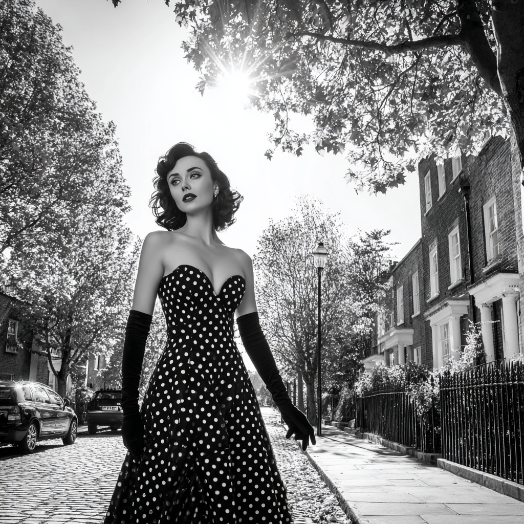 Glamorous Woman in Vintage Polka Dot Dress on Cobblestone Street