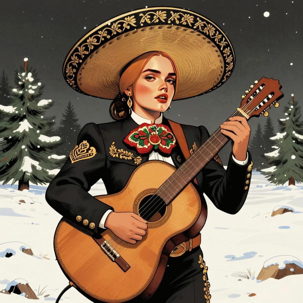 Woman in Mariachi Outfit Playing Guitar in Snowy Forest Illustration