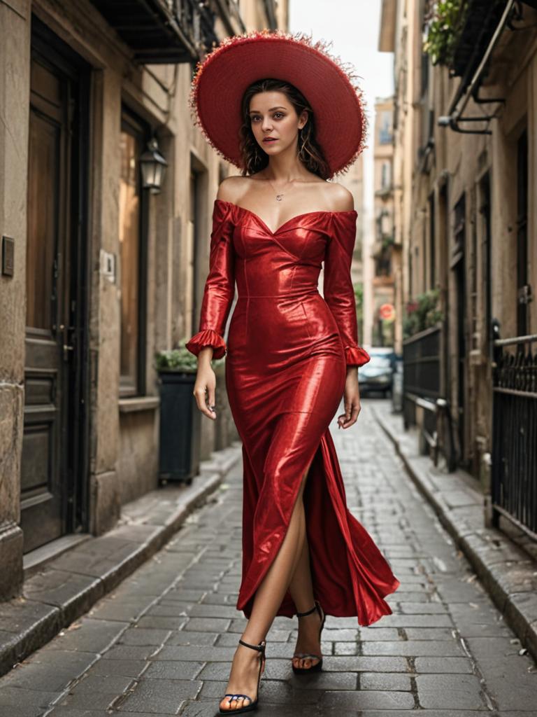 Woman in Red Dress Walking in European Cobblestone Street