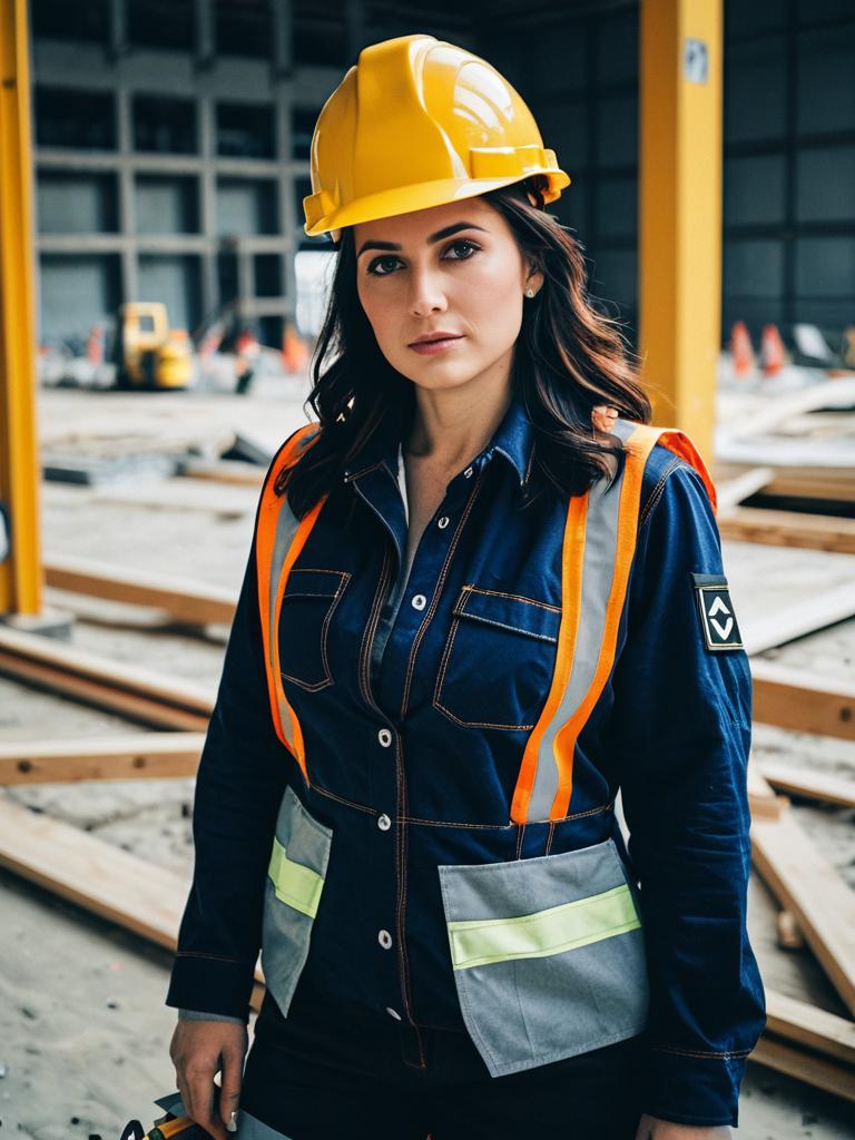 Woman in Construction Project Costume with Safety Helmet and Reflective Vest