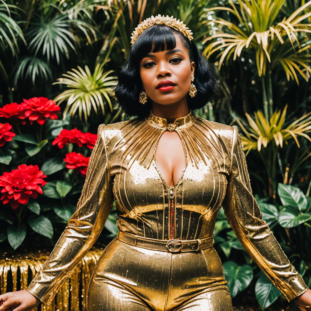 Confident Woman in Gold Jumpsuit Surrounded by Red Flowers