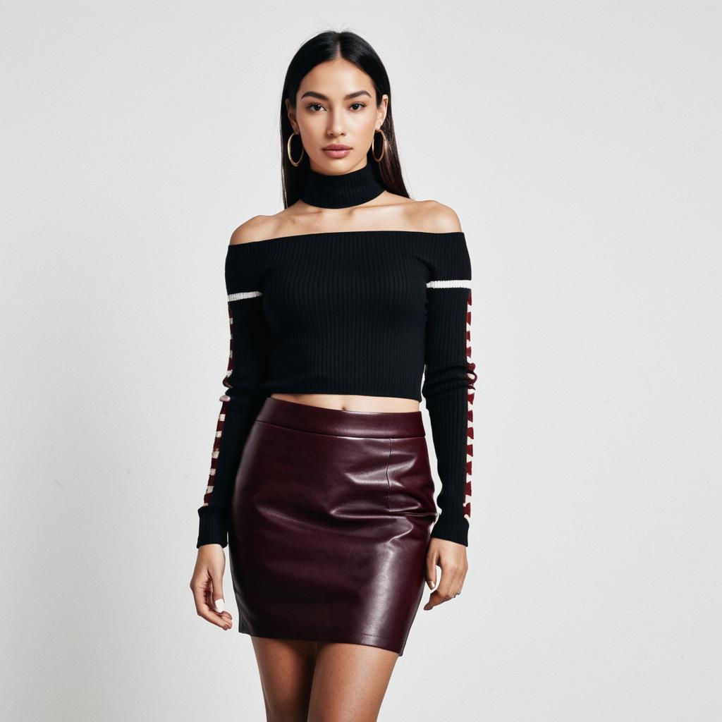 Modern Chic Woman in Black Off-the-Shoulder Ribbed Knit Top and Burgundy Leather Skirt
