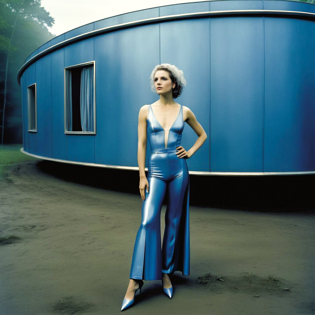 Futuristic Woman in Blue Metallic Jumpsuit