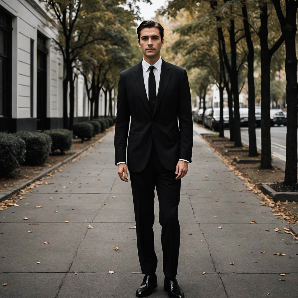 Confident Man in Black Suit on Tree-Lined Sidewalk