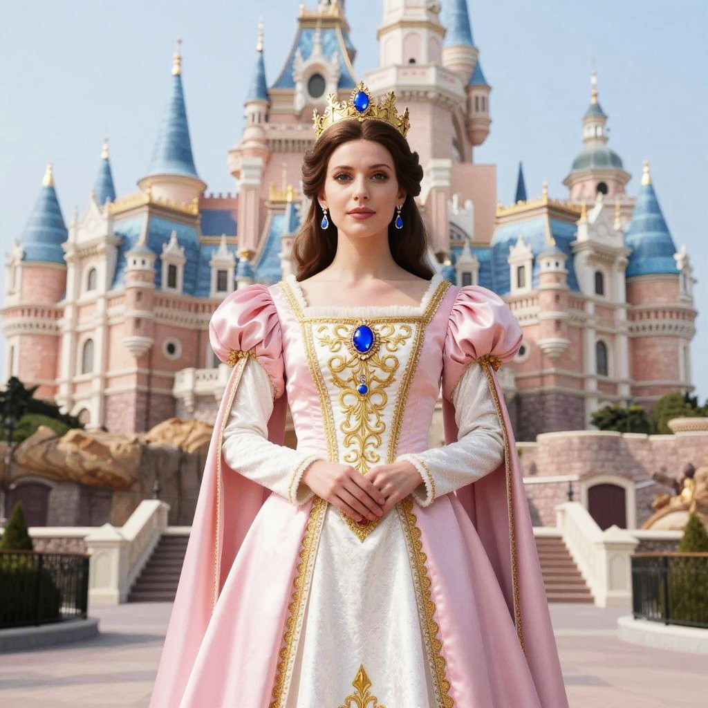 Woman in Royal Princess Costume Posing in Front of Fairy-Tale Castle