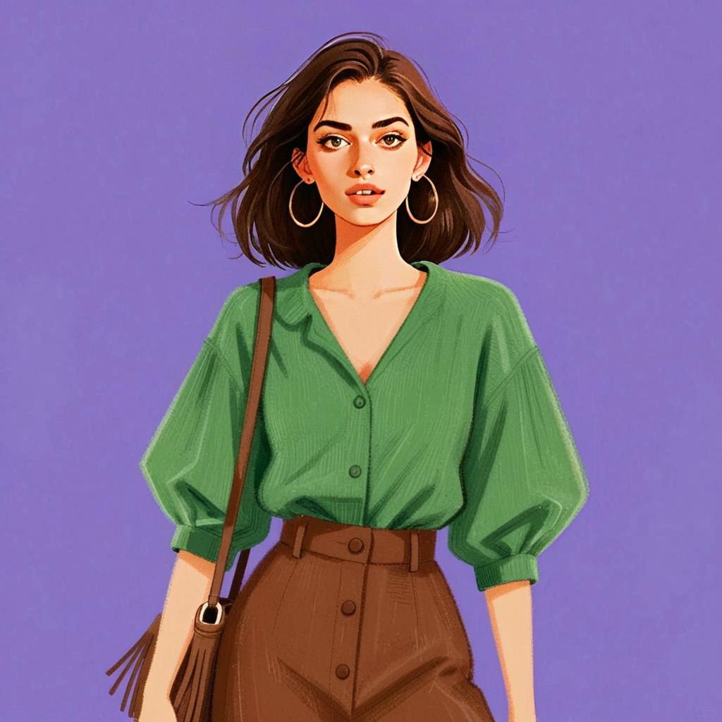 Stylish Woman in Green Blouse and Brown Pants Illustration